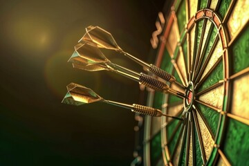  Three golden darts hitting bullseye on illuminated dartboard, symbolizing precision, luck, and gambling success