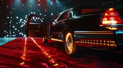  Luxury car arriving at casino red carpet with glowing lights in glamorous nightlife backdrop