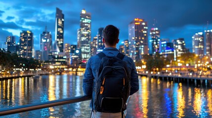 Urban Explorer at Night: Captivated by City Lights on Bridge with Copy Space for Text