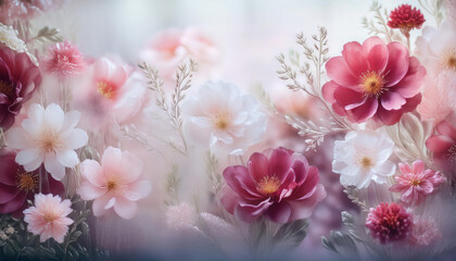 Stunning floral background consisting of pink and white flowers and blurry background with copy space