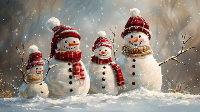 cute watercolor art of christmas snowmans family , oil paint of snowman wearing red christmas caps and scarfs in necks, merry christmas, happy new year eve, snowfall