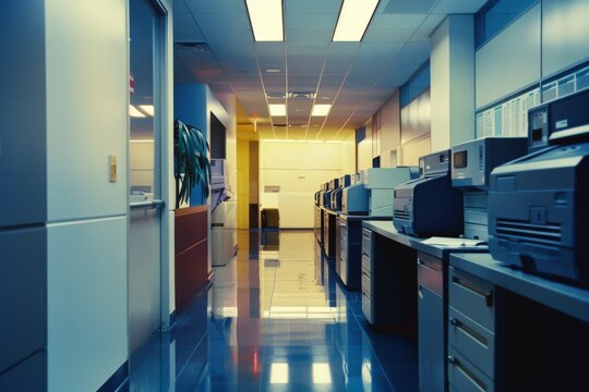 A vibrant office corridor lined with various printers under a mixture of fluorescent and natural lighting, reflecting a busy work environment.