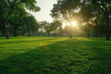 Obraz premium beautiful morning light in public park with green grass field