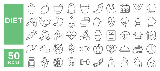 Set of 50 line icons related to diet, nutrition, protein, balanced, fruits, vegetables, free, healthy, fat, carbohydrates, weight loss, Editable stroke. Vector illustration