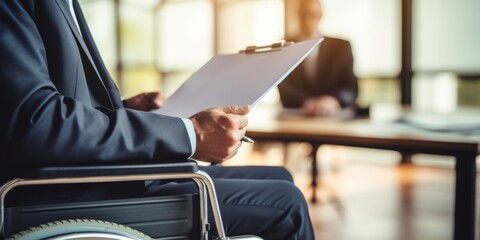 Positive disabled young man in wheelchair working in office. Company CEO in wheelchair reading business report. Generative AI.