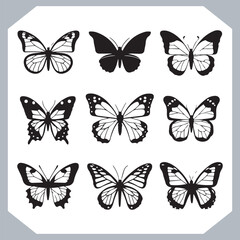 Butterfly silhouette icon, Silhouettes of butterflies. Black of funny butterflies. Insect butterfly black silhouette, Set of butterflies