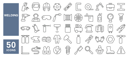 Set of 50 line icons related to welding, metal, steel, beam, rod, armature, sparkle, mask, pliers, wire, welder, iron, helmet, Editable stroke. Vector illustration