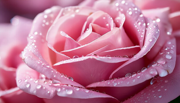 Macro photograph capturing the delicate beauty of a pink rose in full bloom, its petals adorned with glistening water droplets