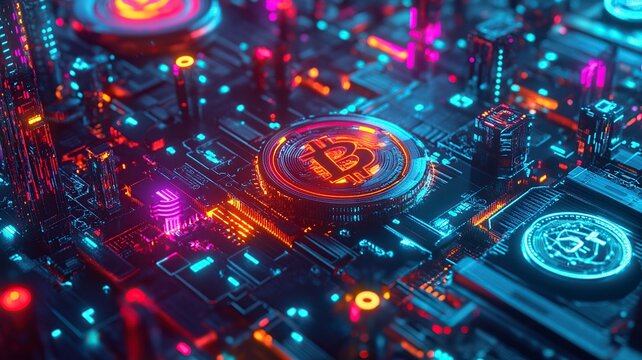 A digital representation of cryptocurrency with glowing Bitcoin symbols on a circuit board.