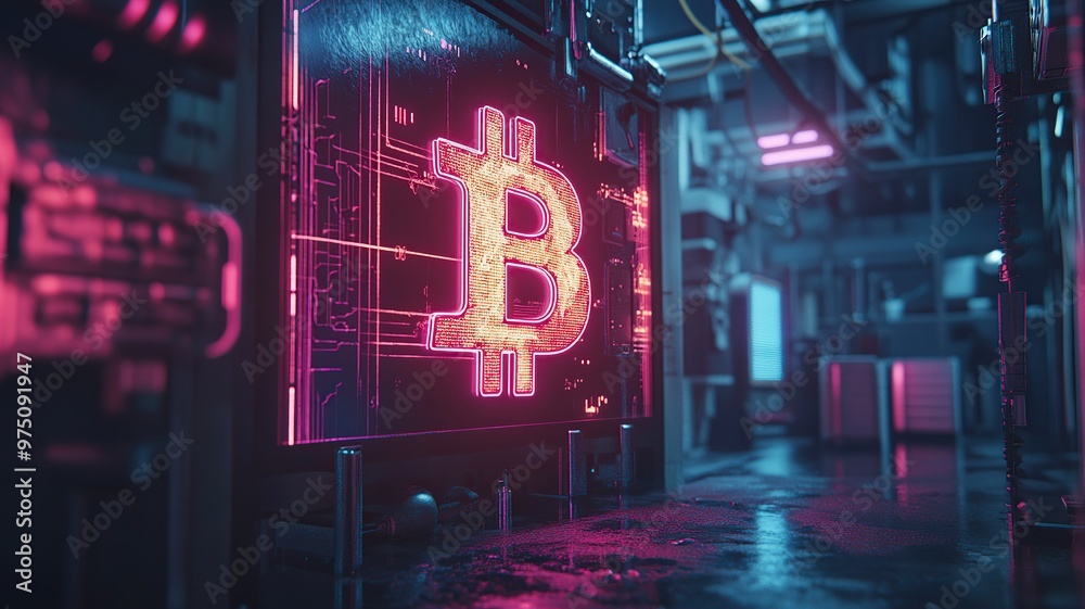 Wall mural A futuristic scene featuring a glowing Bitcoin logo amidst a high-tech industrial environment.