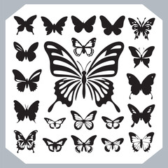 Butterfly silhouette icon, Silhouettes of butterflies. Black of funny butterflies. Insect butterfly black silhouette, Set of butterflies