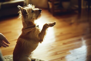 A charming dog sits upright on a wooden floor, raising its paws in a begging gesture, with warm,...