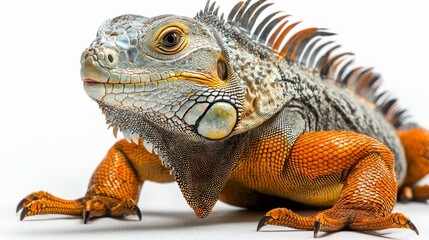 Obraz premium Closeup of Green Iguana with Orange Scales on White Background