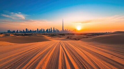 Obraz premium Dubai Skyline and Desert Safari. AI generated illustration