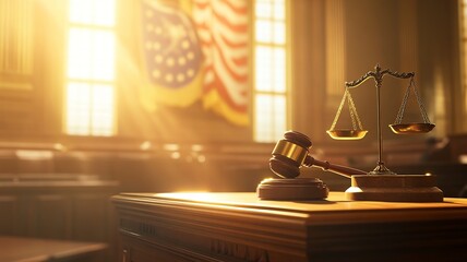 A gavel and scales of justice in a sunlit courtroom, symbolizing law and order.