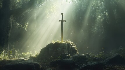 Naklejka premium Excalibur in Dark Forest. AI generated illustration