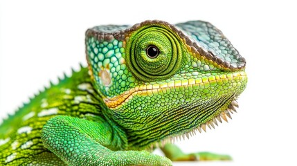 Obraz premium Green Chameleon Close Up Portrait with White Background