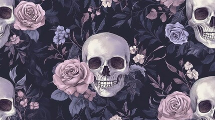 A human skull surrounded by roses and foliage