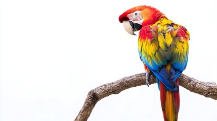 Obraz premium Scarlet Macaw Perched on Branch Isolated on White Background