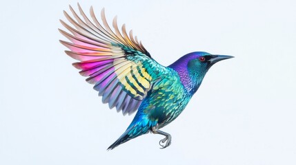 Obraz premium Colorful Bird with Spread Wings Flying Against White Background