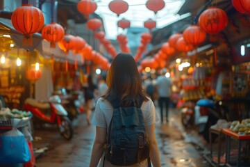 A young traveler with a backpack explores a bustling market adorned with vibrant red lanterns...