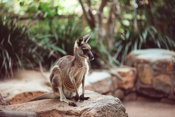 Naklejka premium A kangaroo sits gracefully on a rocky surface, surrounded by greenery, capturing a peaceful moment in nature.