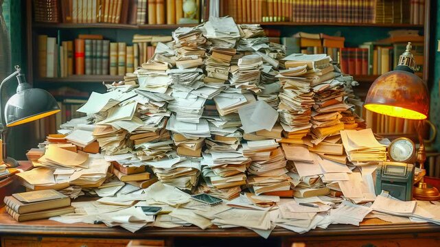 Old fashioned messy office desk covered in paperwork suggesting bankruptcy