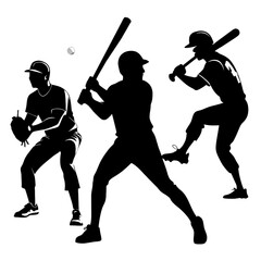 Silhouette art captures baseball players in action highlighting a pitcher a batter and a fielder demonstrating their skills on the field