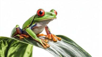 Fototapeta premium Green Tree Frog on Leaf Isolated White Background