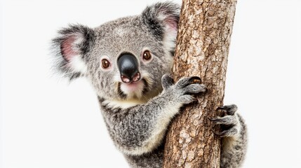 Naklejka premium Cute Koala Bear Cub Holding onto Tree Branch on White Background