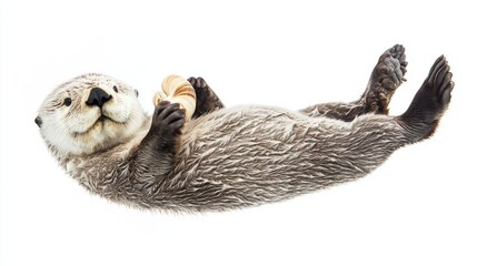 Obraz premium Sea Otter Holding Shell Cute Animal Portrait White Background