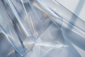 Twisting, semi-transparent plastic sheets reflecting soft light, creating an abstract and fluid composition with a contemporary, artistic feel.