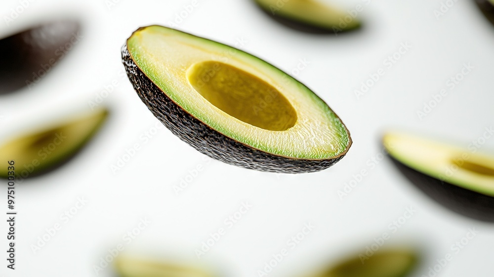 Canvas Prints avocado sliced in half on white surface with other avocados in background