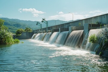 A concrete dam overflowing with cascading water, set against a backdrop of mountains and a clear sky, representing human engineering and nature&rsquo;s beauty.