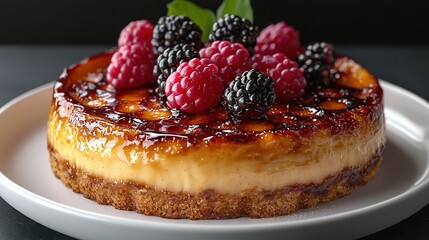  A white plate holds a cheesecake with raspberries and blackberries