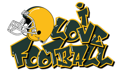 I Love Football- green and yellow football player helmet, sport vector graphics for street art - graffiti lettering typography - art illustration - multicolor - writen Word -	