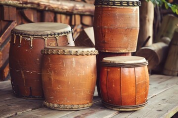 Fototapeta premium A collection of traditional wooden drums arranged outdoors with rich textures and hues, evoking cultural heritage and artisanal craftsmanship.