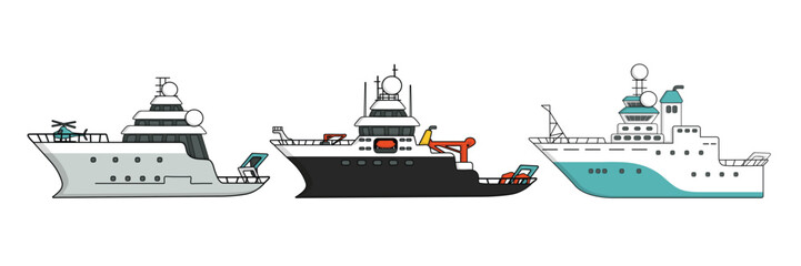 Set of hand drawn isolated research vessels for sea exploration, expedition ship with helicopter. Each vessel poised for scientific discovery with specialized equipment