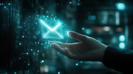 Fototapeta premium Male hand touching a white glowing letter icon on a screen created with Generative AI