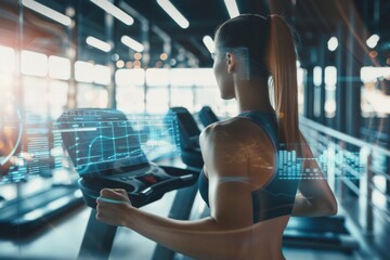 A woman running on a treadmill in a futuristic gym, with digital overlays and data displays illuminating her surroundings.