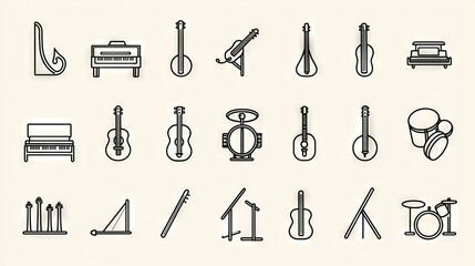 Obraz premium A collection of musical instruments is displayed in black-and-white silhouette against a light gray backdrop