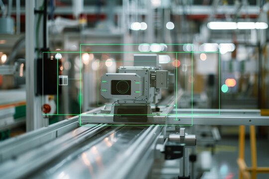 A sophisticated, high-tech machine on a conveyer belt in a futuristic factory, highlighted with digital overlays indicating its advanced features and precision.