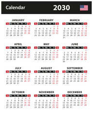 2030 Calendar - vector stock illustration. English American version	
