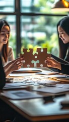 Fototapeta premium Collaborative business team meeting concept featuring a jigsaw puzzle symbolizing unity