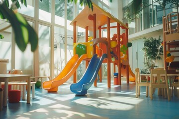 An inviting indoor playground with vibrant slides, climbing structures, and sunlight streaming through large windows.