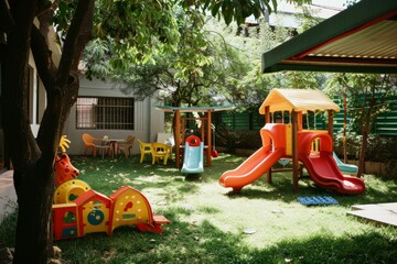 A cozy backyard playground with bright, colorful play equipment surrounded by lush greenery, offering a perfect space for kids to play and explore.