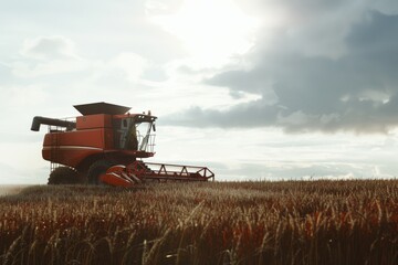 Fototapeta premium A vibrant red combine harvester operates in a golden wheat field under a cloudy sky, capturing the essence of modern agriculture.