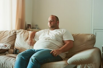 Fototapeta premium A man in casual attire sits thoughtfully on a beige couch, bathed in warm natural light from a nearby window, creating a calm and introspective scene.
