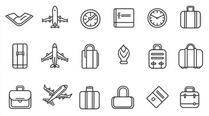   A collection of travel icons - suitcases, luggage bags, and a clock, arranged on a white backdrop