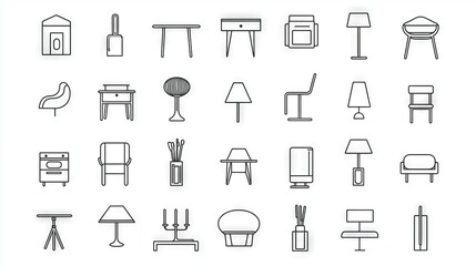 Fototapeta premium White background with furniture line icons - Chair, Table, Lamp, Table, Mirror